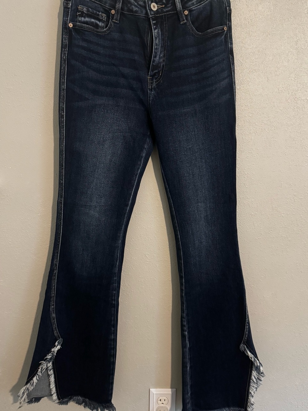 KanCan Dark Wash Flare Jeans with Frayed Side Slits